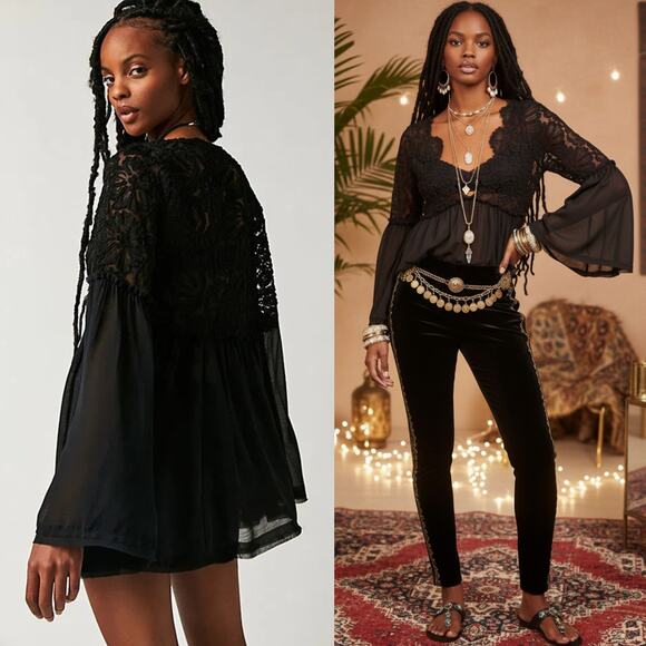 NEW Free People Magdalene Crochet Tunic Lace Top Black Small Boho Femme Goth - Picture 3 of 11